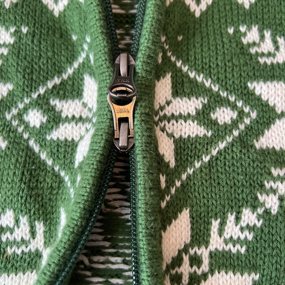 L.L. Bean Heavy Cotton Zip Cardigan Green White Faire Isle Holiday Size Medium - Picture 6 of 9